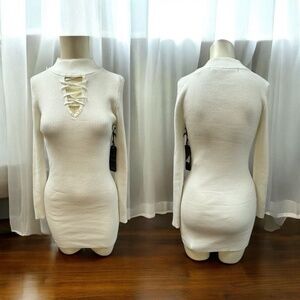 Roma Knit, Woman, Dress, Beige, Sz M, Long Sleeve, Turtleneck, Mini.!
